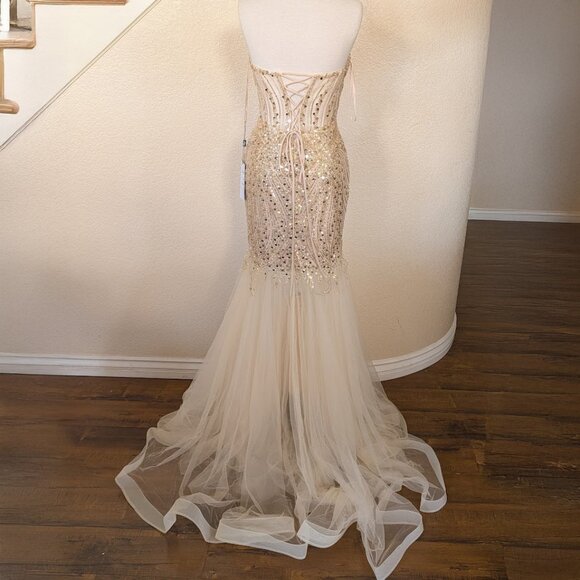 Champagne Gold Sequined Corset Prom Homecoming Mermaid Dress 4 - Picture 4 of 6